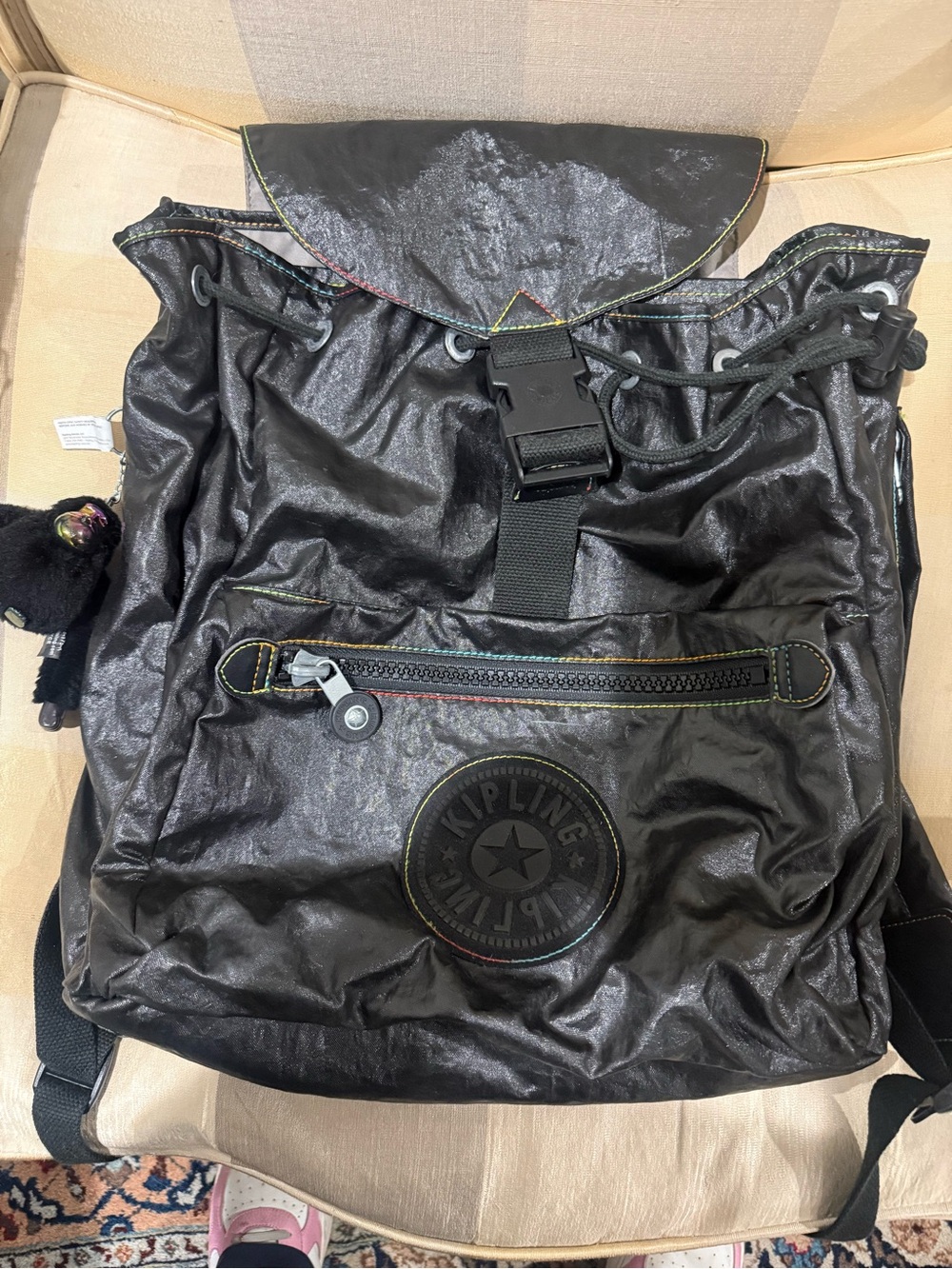 Kipling Black shiny Nylon Drawstring Backpack Ltd edition w rainbow holographic